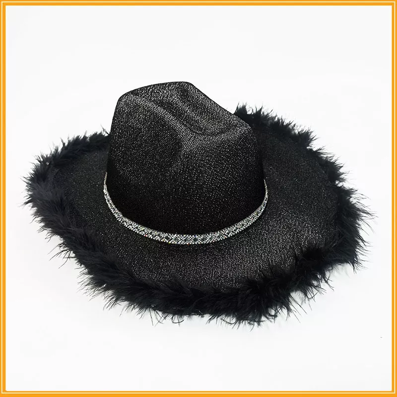 Chapeau de cowboy brillant avec accessoires plumes diamants