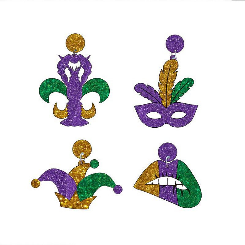 Masque à lèvres d'écrevisse de Mardi Gras et boucles d'oreilles à tige en acrylique avec chapeau de bouffon